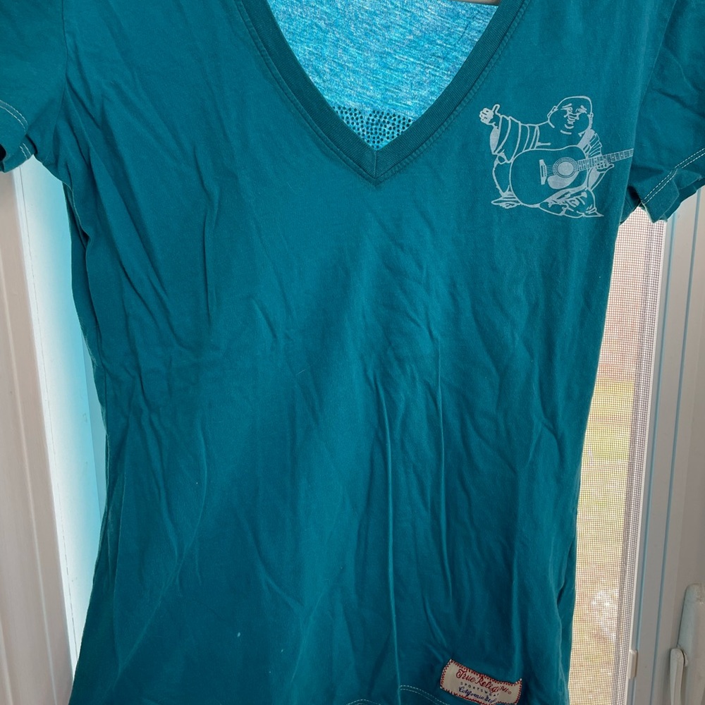 Teal V-Neck T-Shirt with Graphic